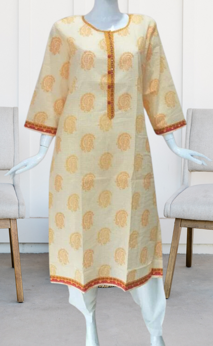 Light Yellow Motif Jaipuri Cotton Kurti.Pure Versatile Cotton. | Laces and Frills - Laces and Frills