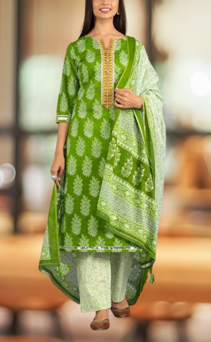 Green Floral Kurti With Pant And Dupatta Set. Pure Versatile Cotton. | Laces and Frills - Laces and Frills