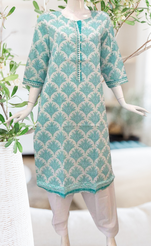 White With Sky Blue Fern Leaf Bouquet Jaipuri Cotton Kurti.Pure Versatile Cotton. | Laces and Frills - Laces and Frills