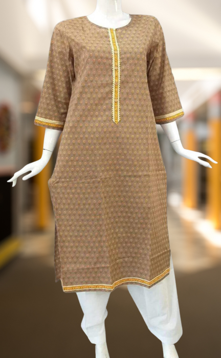Beige With Mustard Floral Motif Jaipuri Cotton Kurti.Pure Versatile Cotton. | Laces and Frills - Laces and Frills