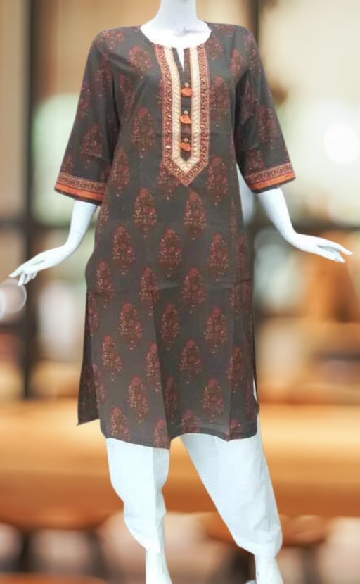 Brown and Orange Mughal Motif Jaipuri Cotton Kurti .Pure Versatile Cotton. | Laces and Frills - Laces and Frills