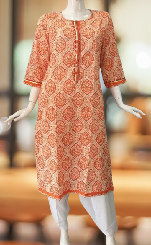 White/Orange Floral Motif Jaipuri Cotton Kurti. Pure Versatile Cotton. | Laces and Frills - Laces and Frills