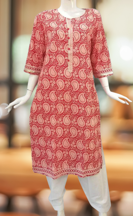 Red Mango Print Jaipuri Cotton Kurti. Pure Versatile Cotton. Laces and Frills