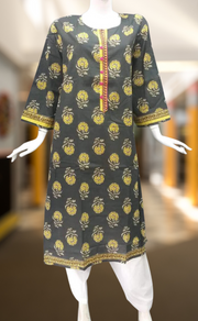 Ash Grey With Yellow Floral Motif Jaipuri Cotton Kurti.Pure Versatile Cotton. | Laces and Frills - Laces and Frills