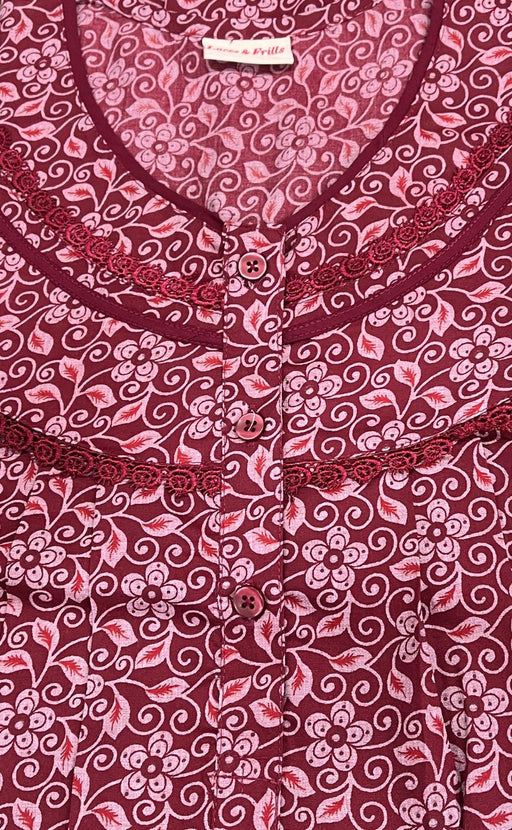 Maroon Leafy Soft Free Size Large Nighty . Soft Breathable Fabric | Laces and Frills - Laces and Frills