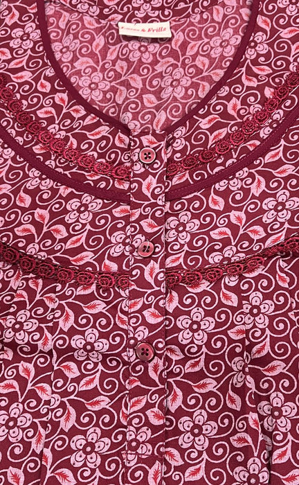 Maroon Leafy Soft 3XL Nighty . Soft Breathable Fabric | Laces and Frills - Laces and Frills