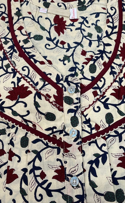 Off White/Maroon Kalamkari Pure Cotton Full Sleeves  3XL Nighty . Pure Durable Cotton | Laces and Frills - Laces and Frills