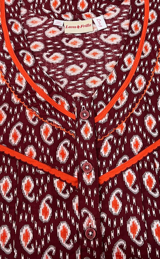 Maroon Manga Motif Pure Cotton Full Sleeves  3XL Nighty . Pure Durable Cotton | Laces and Frills - Laces and Frills