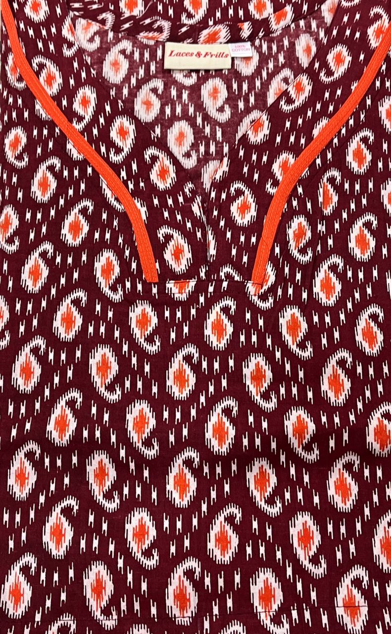 Maroon Manga Motif Pure Cotton Kaftan .Pure Durable Cotton | Laces and Frills - Laces and Frills