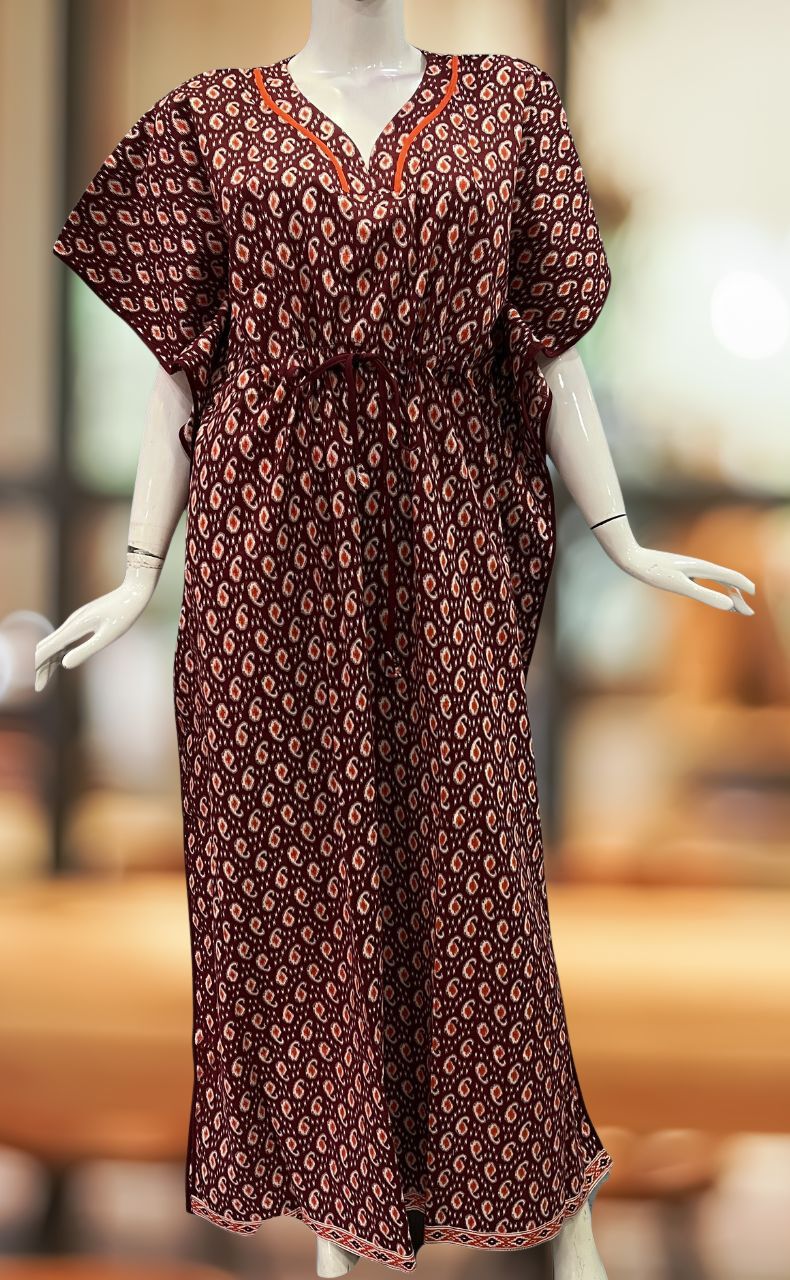 Maroon Manga Motif Pure Cotton Kaftan .Pure Durable Cotton | Laces and Frills - Laces and Frills
