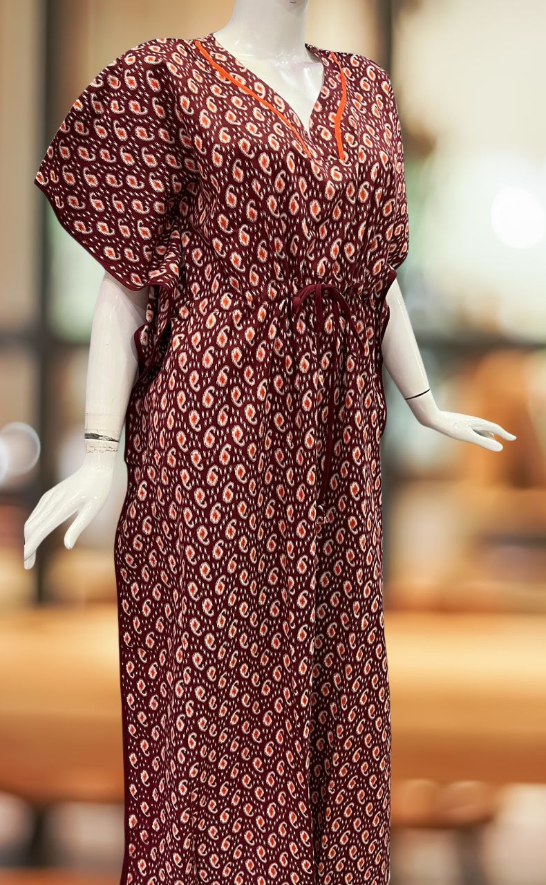 Maroon Manga Motif Pure Cotton Kaftan .Pure Durable Cotton | Laces and Frills - Laces and Frills