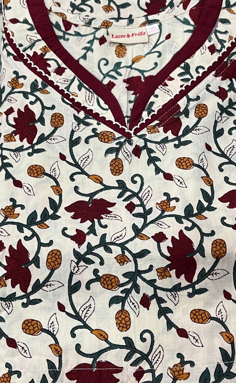 Off White/Green Kalamkari Pure Cotton Kaftan .Pure Durable Cotton | Laces and Frills - Laces and Frills