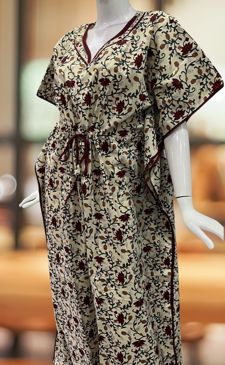 Off White/Green Kalamkari Pure Cotton Kaftan .Pure Durable Cotton | Laces and Frills - Laces and Frills