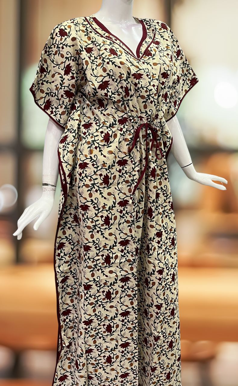 Off White/Green Kalamkari Pure Cotton Kaftan .Pure Durable Cotton | Laces and Frills - Laces and Frills