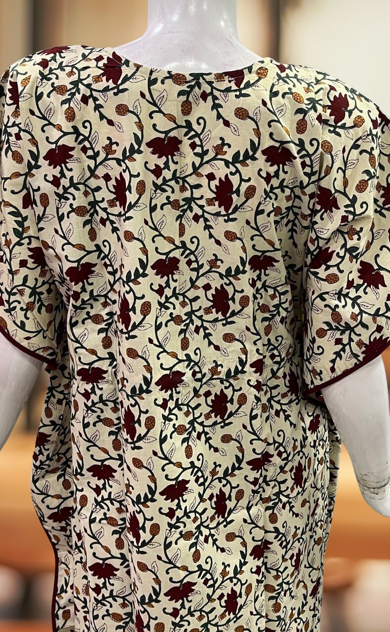 Off White/Green Kalamkari Pure Cotton Kaftan .Pure Durable Cotton | Laces and Frills - Laces and Frills