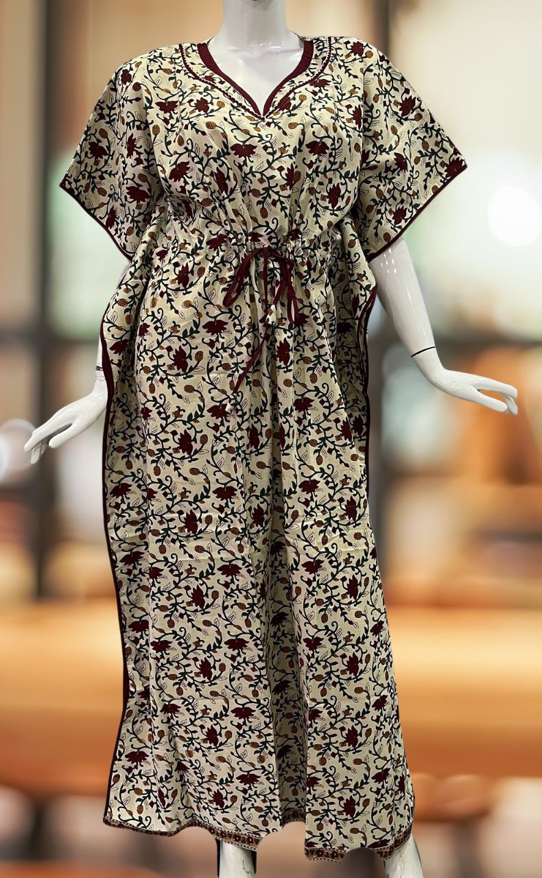 Off White/Green Kalamkari Pure Cotton Kaftan .Pure Durable Cotton | Laces and Frills - Laces and Frills