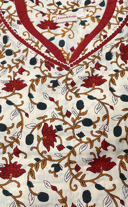 Off White/Mustard Kalamkari Pure Cotton Kaftan .Pure Durable Cotton | Laces and Frills - Laces and Frills