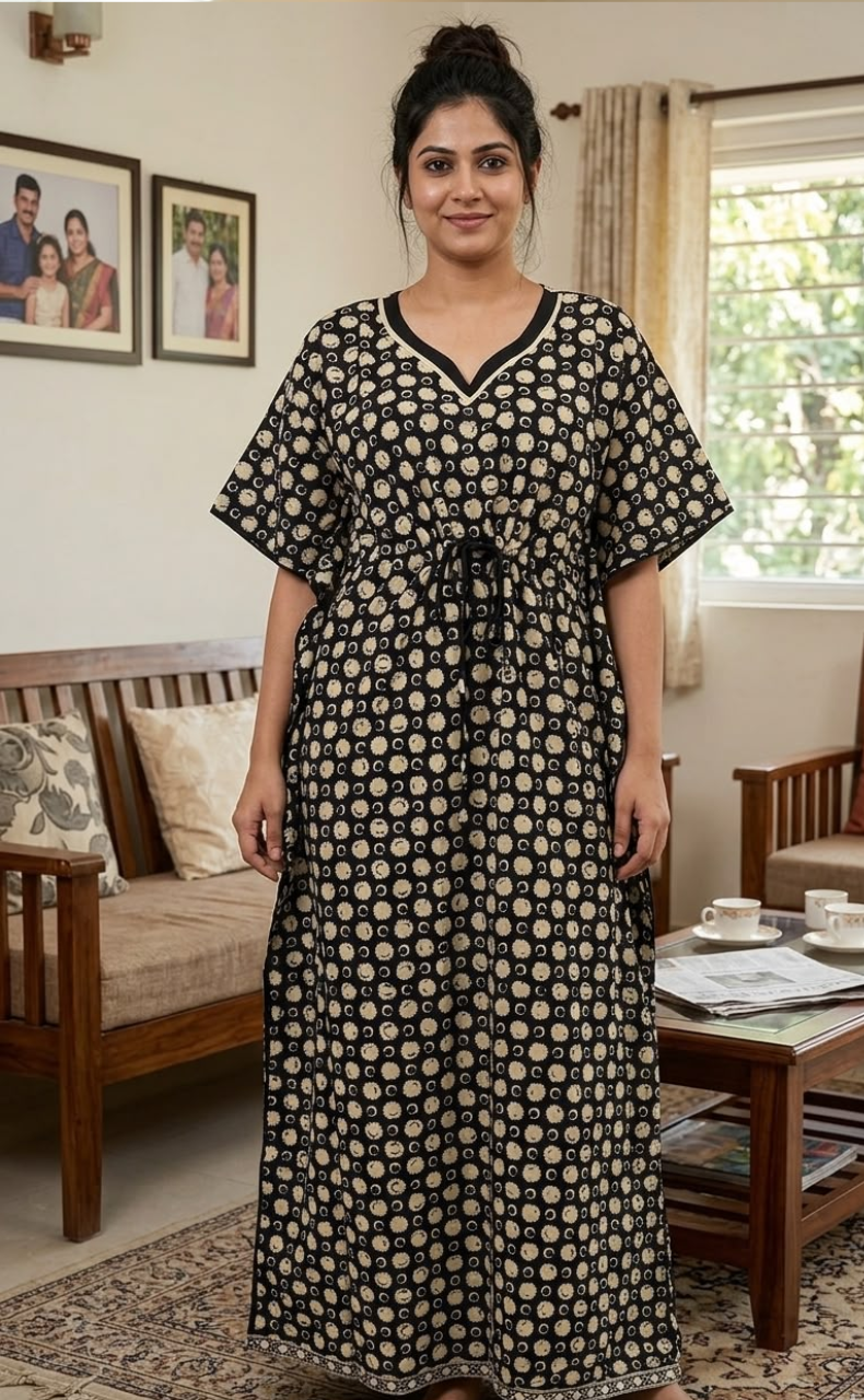 Black Flora Pure Cotton Kaftan .Pure Durable Cotton | Laces and Frills