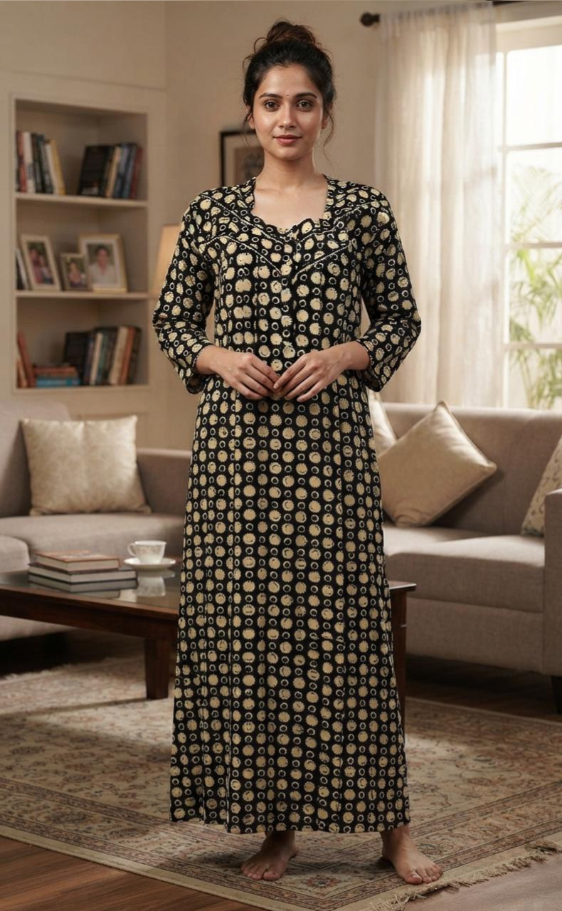 Black Flora Pure Cotton Full Sleeves Nighty. Soft Breathable Fabric | Laces and Frills