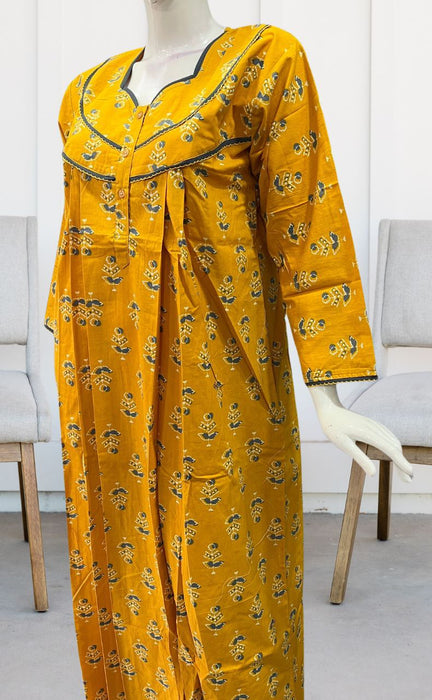 Yellow Floral Pure Cotton Full Sleeves  3XL Nighty . Pure Durable Cotton | Laces and Frills - Laces and Frills
