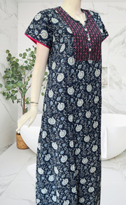 Navy Blue Garden Pure Cotton Nighty. Pure Durable Cotton | Laces and Frills - Laces and Frills