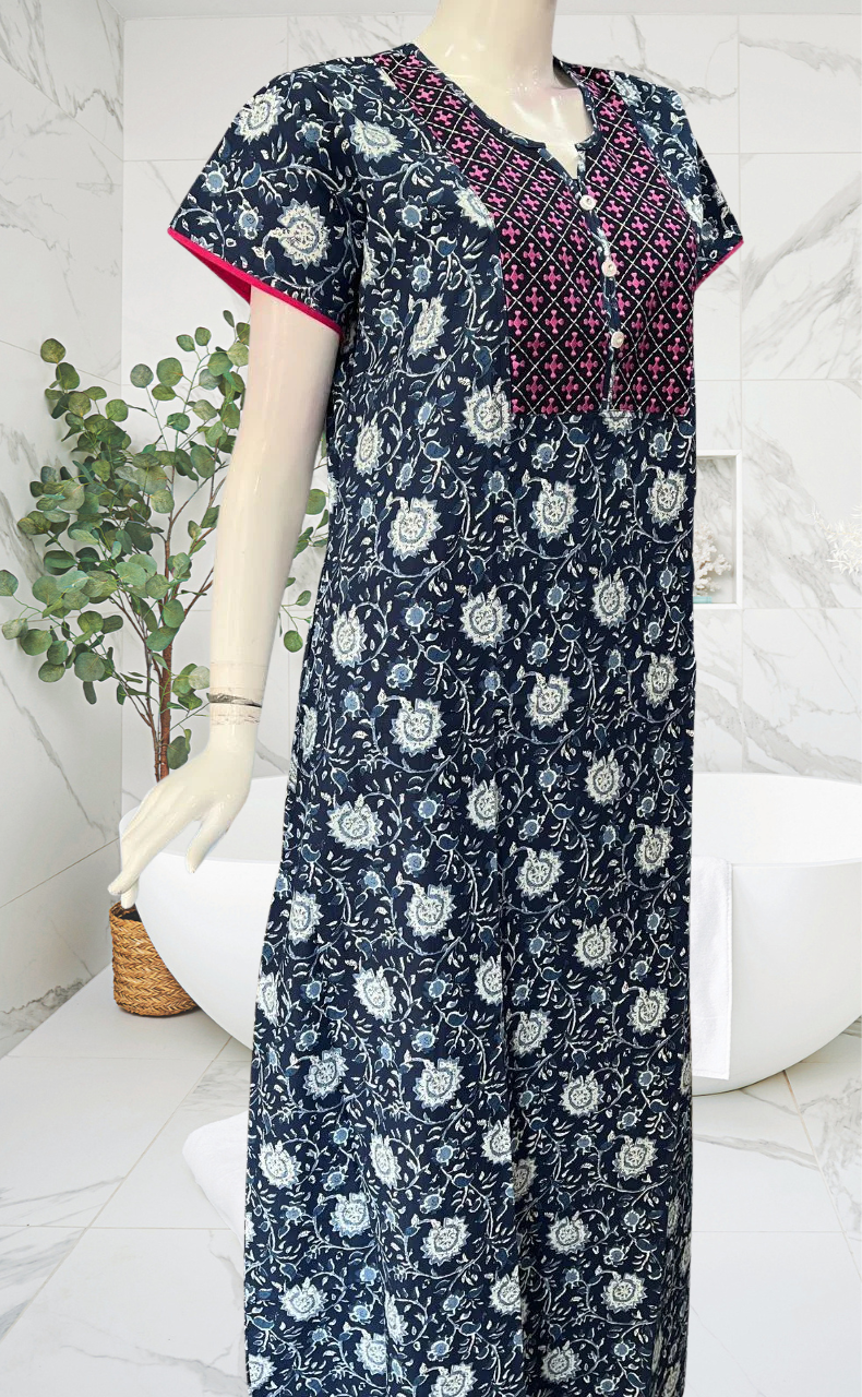 Navy Blue Garden Pure Cotton Nighty. Pure Durable Cotton | Laces and Frills - Laces and Frills
