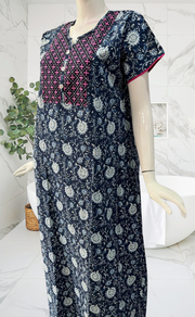 Navy Blue Garden Pure Cotton Nighty. Pure Durable Cotton | Laces and Frills - Laces and Frills