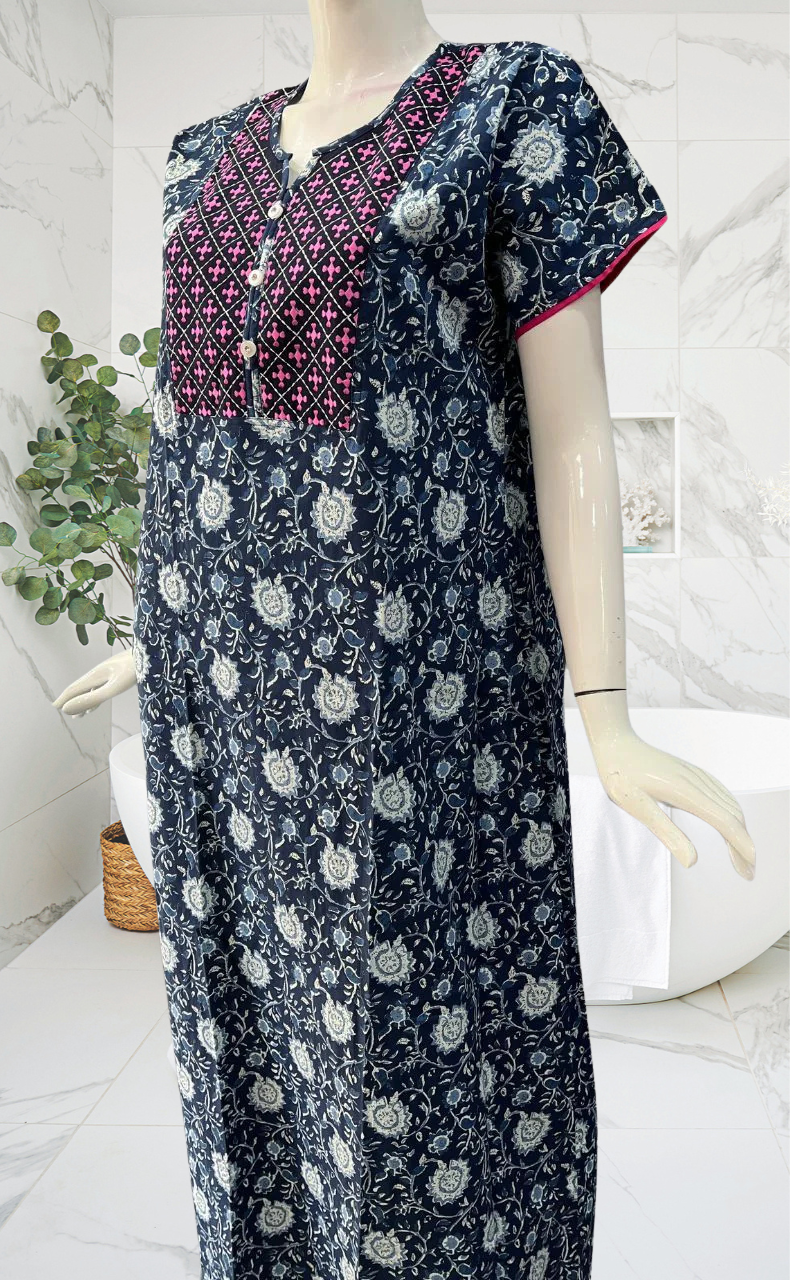 Navy Blue Garden Pure Cotton Nighty. Pure Durable Cotton | Laces and Frills - Laces and Frills