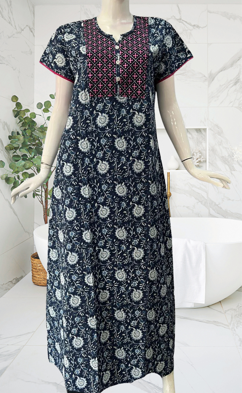 Navy Blue Garden Pure Cotton Nighty. Pure Durable Cotton | Laces and Frills - Laces and Frills