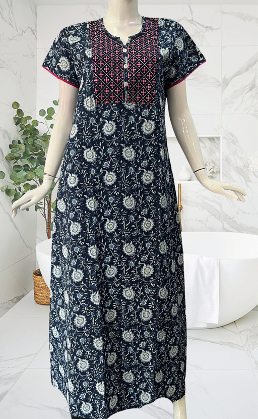 Navy Blue Garden Pure Cotton Nighty. Pure Durable Cotton | Laces and Frills - Laces and Frills