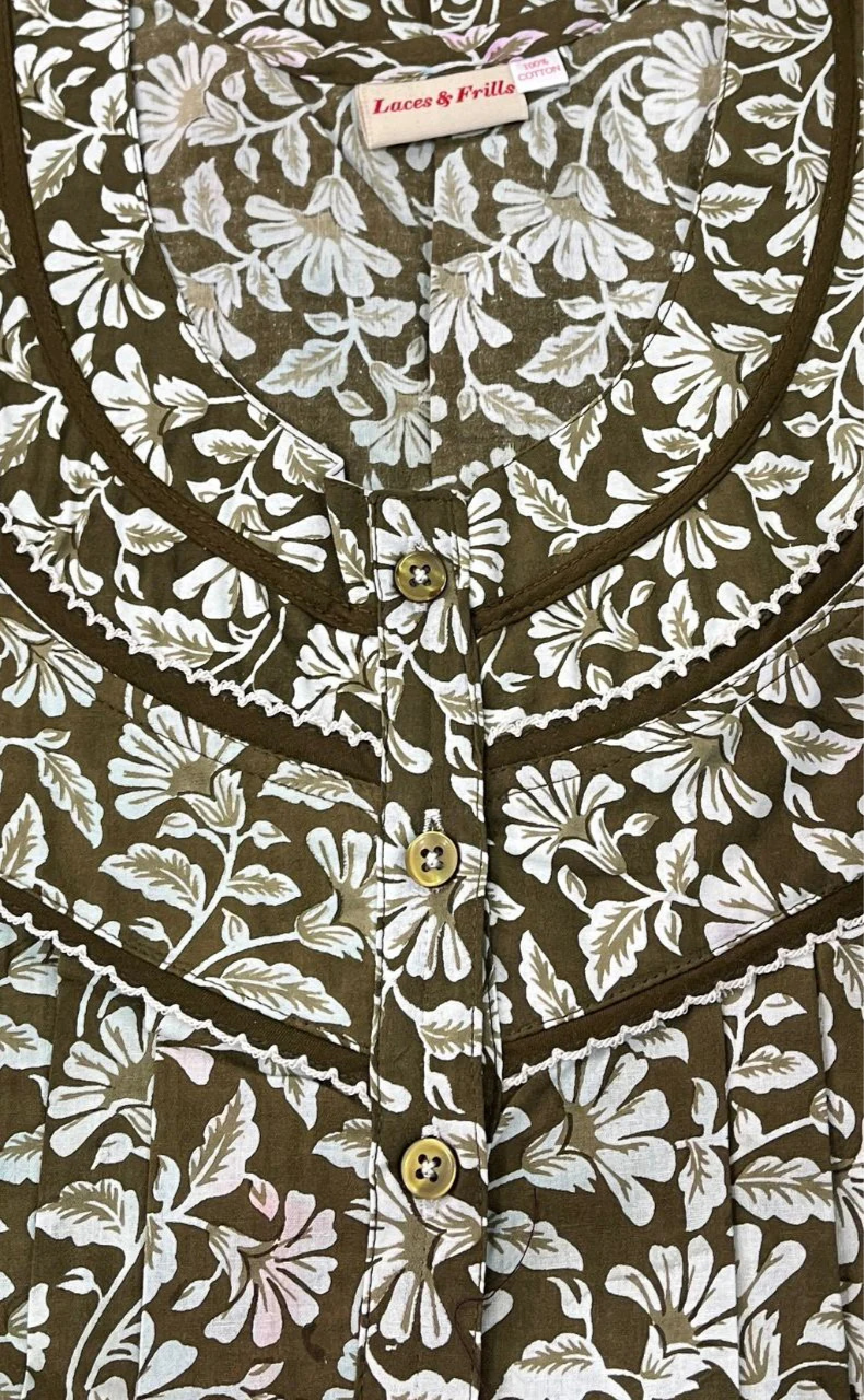 Olive Green Flora Pure Cotton Nighty. Pure Durable Cotton | Laces and Frills - Laces and Frills