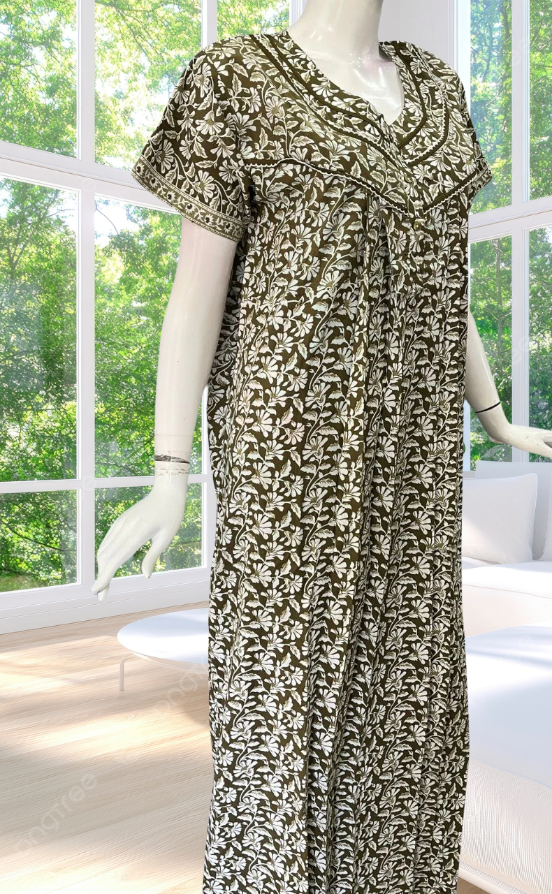 Olive Green Flora Pure Cotton Nighty. Pure Durable Cotton | Laces and Frills - Laces and Frills