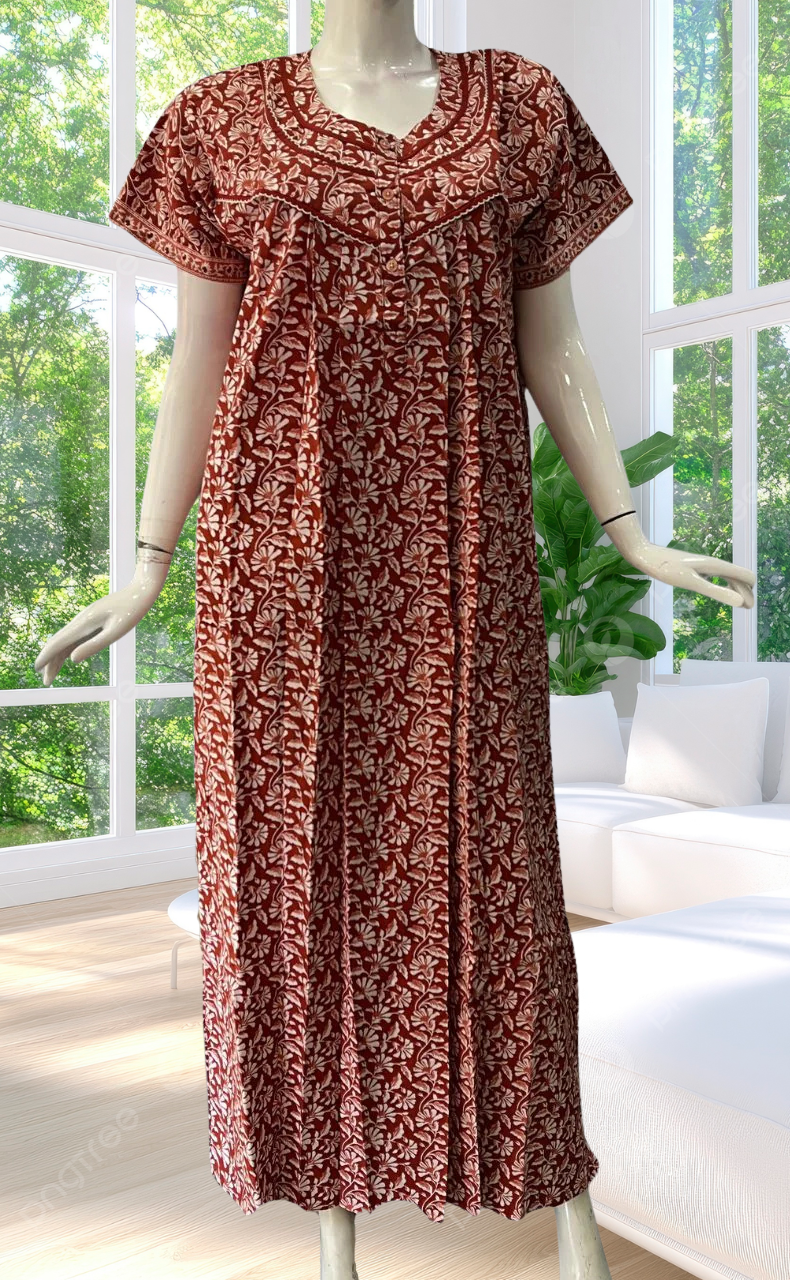 Rust Maroon Flora Pure Cotton Nighty. Pure Durable Cotton | Laces and Frills - Laces and Frills