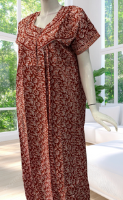Rust Maroon Flora Pure Cotton Nighty. Pure Durable Cotton | Laces and Frills - Laces and Frills