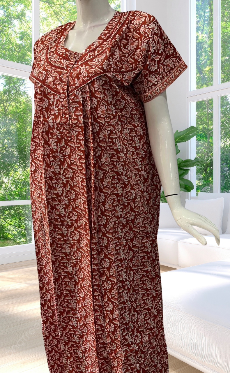 Rust Maroon Flora Pure Cotton Nighty. Pure Durable Cotton | Laces and Frills - Laces and Frills