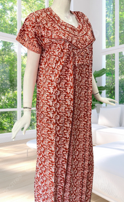 Rust Maroon Flora Pure Cotton Nighty. Pure Durable Cotton | Laces and Frills - Laces and Frills