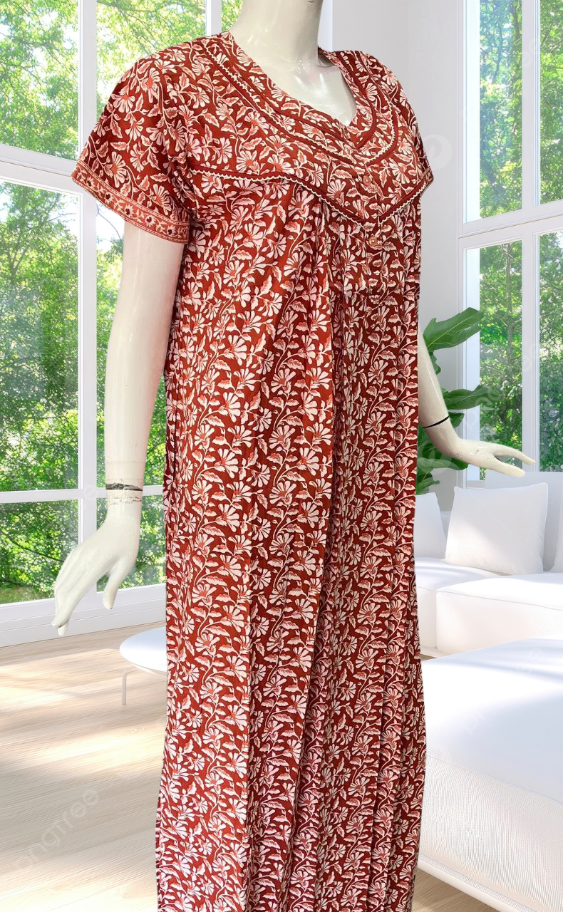 Rust Maroon Flora Pure Cotton Nighty. Pure Durable Cotton | Laces and Frills - Laces and Frills