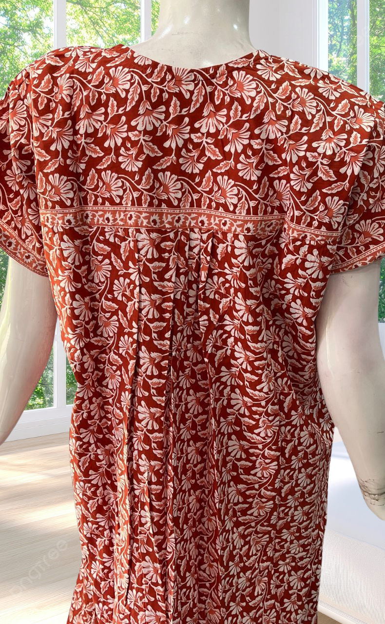 Rust Maroon Flora Pure Cotton Nighty. Pure Durable Cotton | Laces and Frills - Laces and Frills