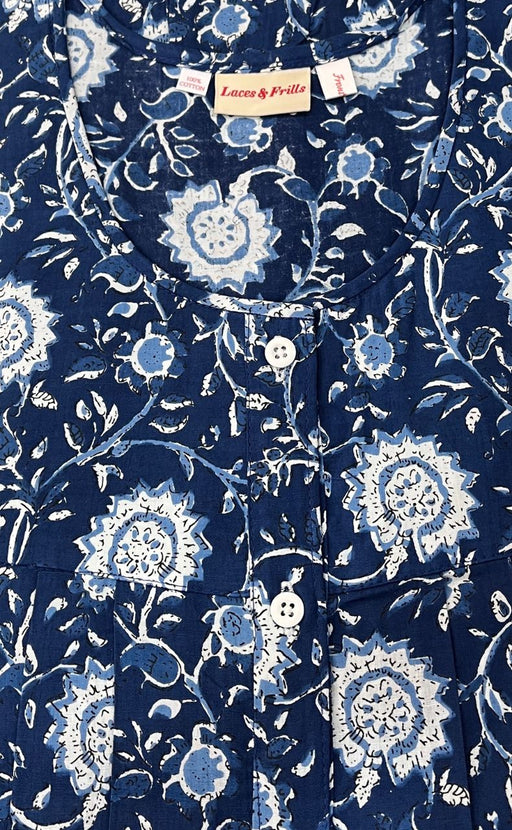 Navy Blue Garden Full Open Pure Cotton Nighty. Pure Durable Cotton | Laces and Frills - Laces and Frills
