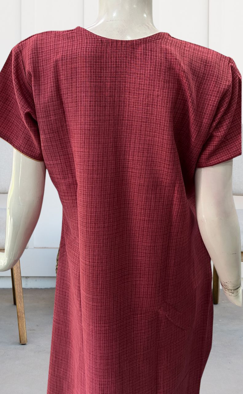 Onion Pink Embroidery Rayon Nighty.  Flowy Rayon Fabric | Laces and Frills - Laces and Frills