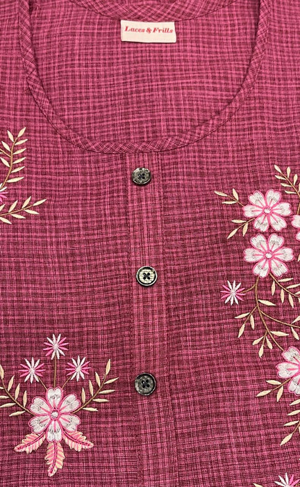 Onion Pink Embroidery Rayon Nighty.  Flowy Rayon Fabric | Laces and Frills - Laces and Frills
