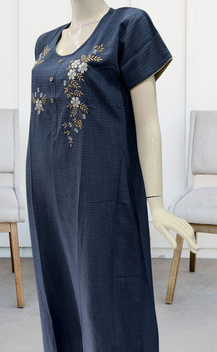 Blue Embroidery Rayon Nighty.  Flowy Rayon Fabric | Laces and Frills - Laces and Frills
