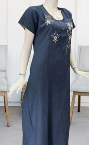 Blue Embroidery Rayon Nighty.  Flowy Rayon Fabric | Laces and Frills - Laces and Frills