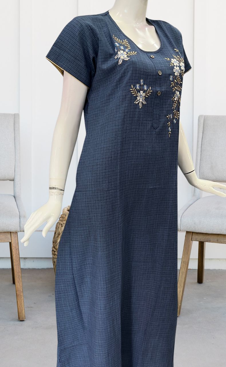 Blue Embroidery Rayon Nighty.  Flowy Rayon Fabric | Laces and Frills - Laces and Frills