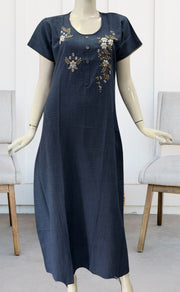 Blue Embroidery Rayon Nighty.  Flowy Rayon Fabric | Laces and Frills - Laces and Frills