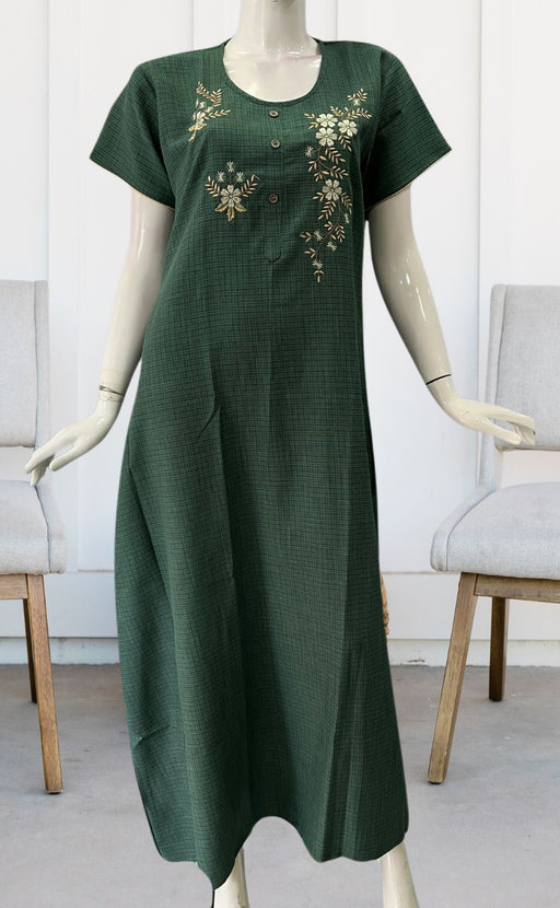 Green Embroidery Rayon Nighty.  Flowy Rayon Fabric | Laces and Frills - Laces and Frills