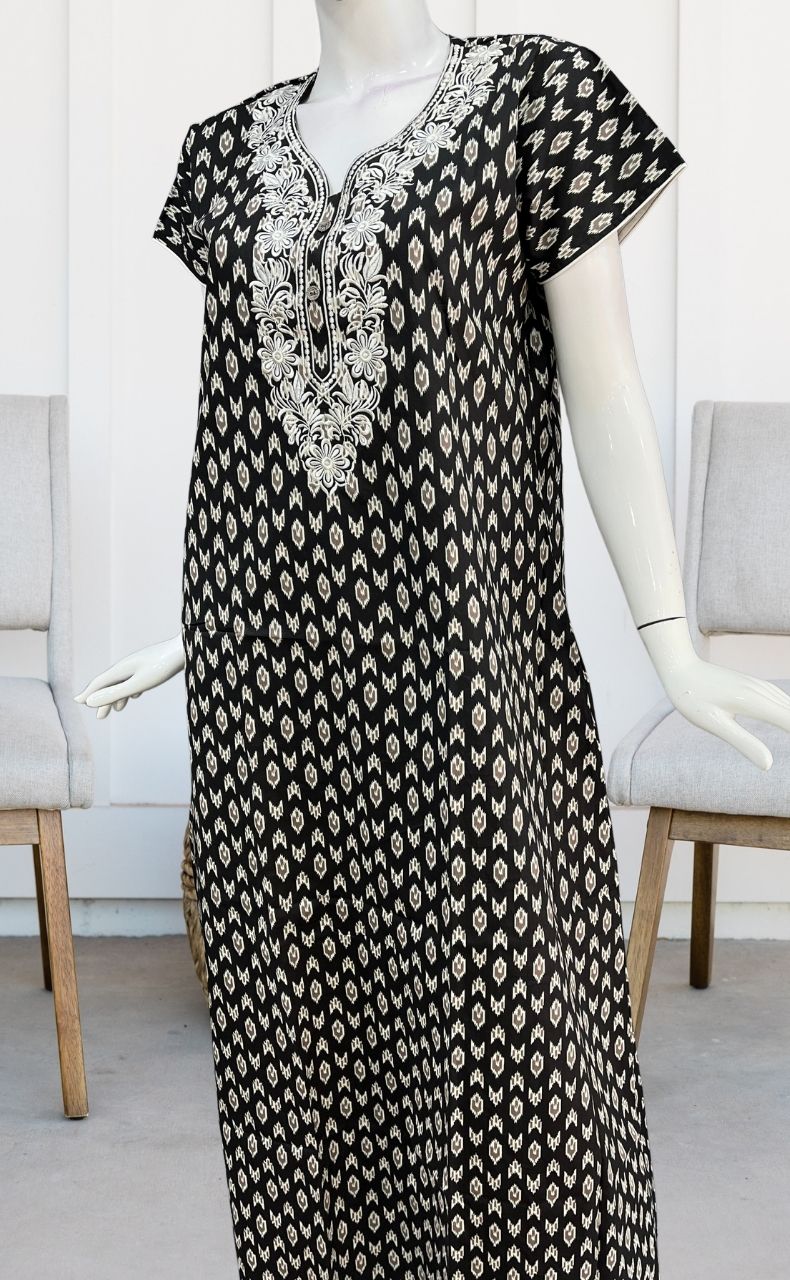 Black/White Ikkat A Line  Pure Cotton Nighty. Pure Durable Cotton | Laces and Frills - Laces and Frills