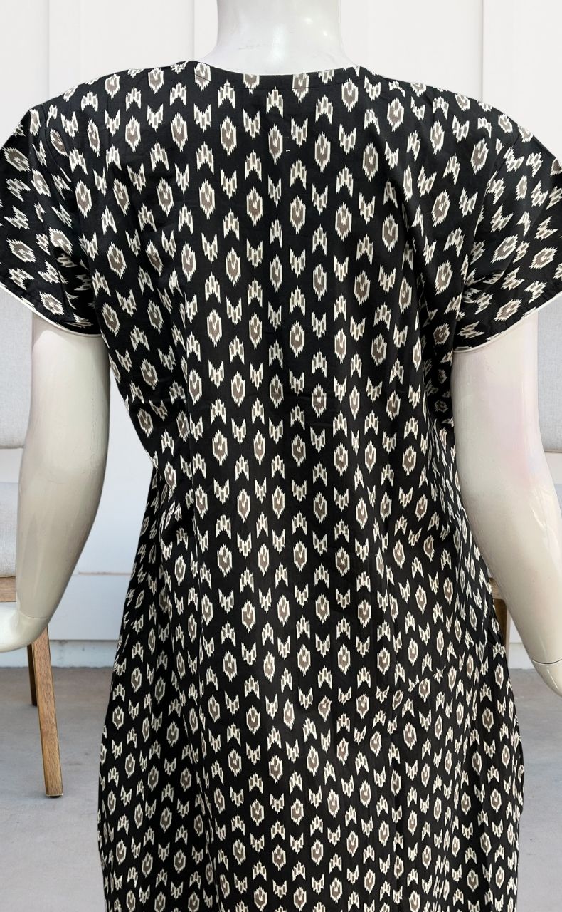 Black/White Ikkat A Line  Pure Cotton Nighty. Pure Durable Cotton | Laces and Frills - Laces and Frills