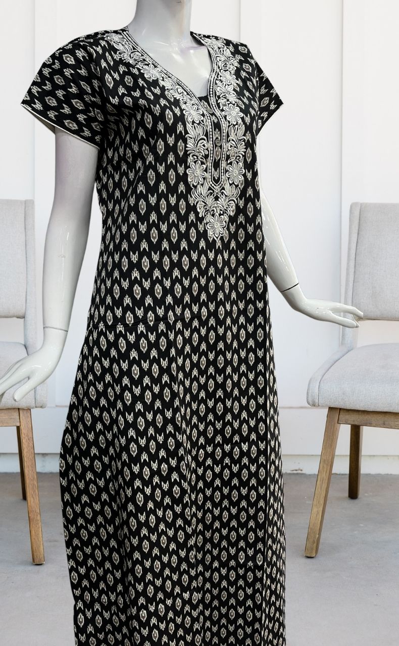 Black/White Ikkat A Line  Pure Cotton Nighty. Pure Durable Cotton | Laces and Frills - Laces and Frills
