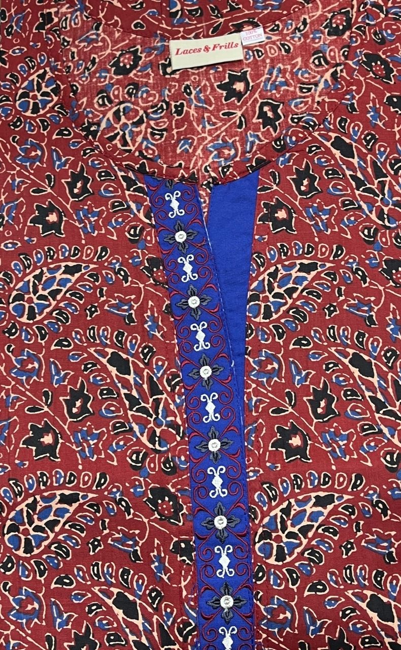 Maroon Motif Garden A Line Pure Cotton Nighty. Pure Durable Cotton | Laces and Frills - Laces and Frills